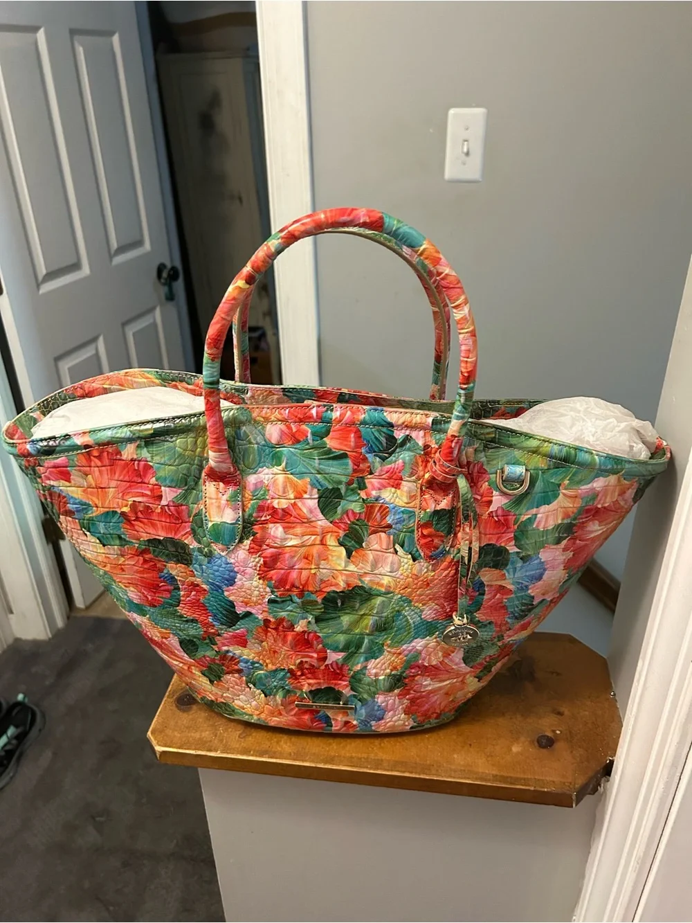 Brahmin Multicolor Floral Croc-Embossed Tote in Green, Red & Pink includes strap